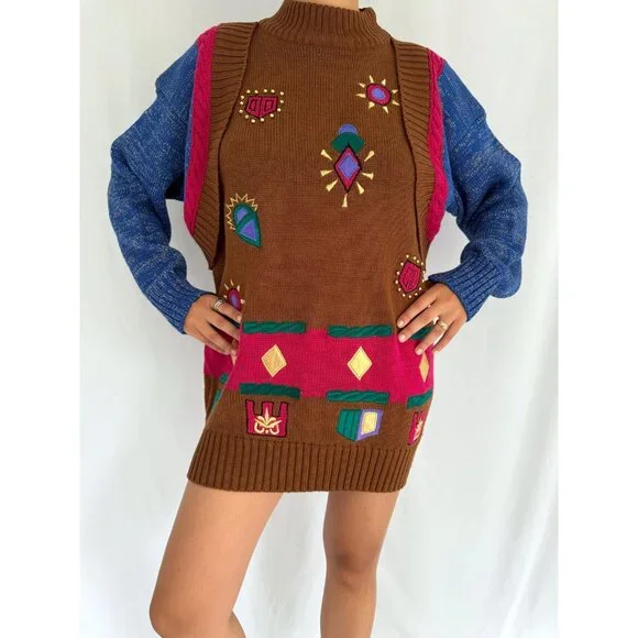 80s vintage colorful funky crazy abstract print novelty knit long sweater tunic - Picture 2 of 9